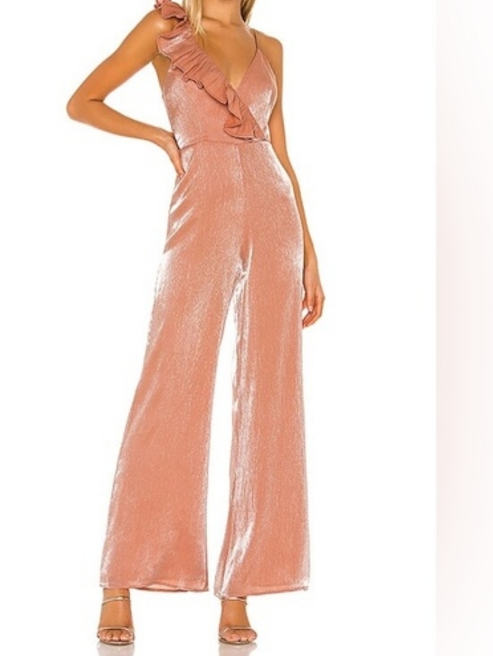 Lovers + Friends Rodin Peach Pink Color One-Shoulder Ruffle Wide-Leg Jumpsuit